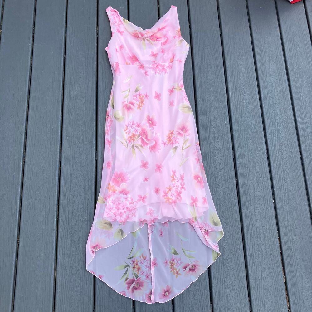 Pink floral high low dress with cowl neck, fairycore romantic coquette boho chic